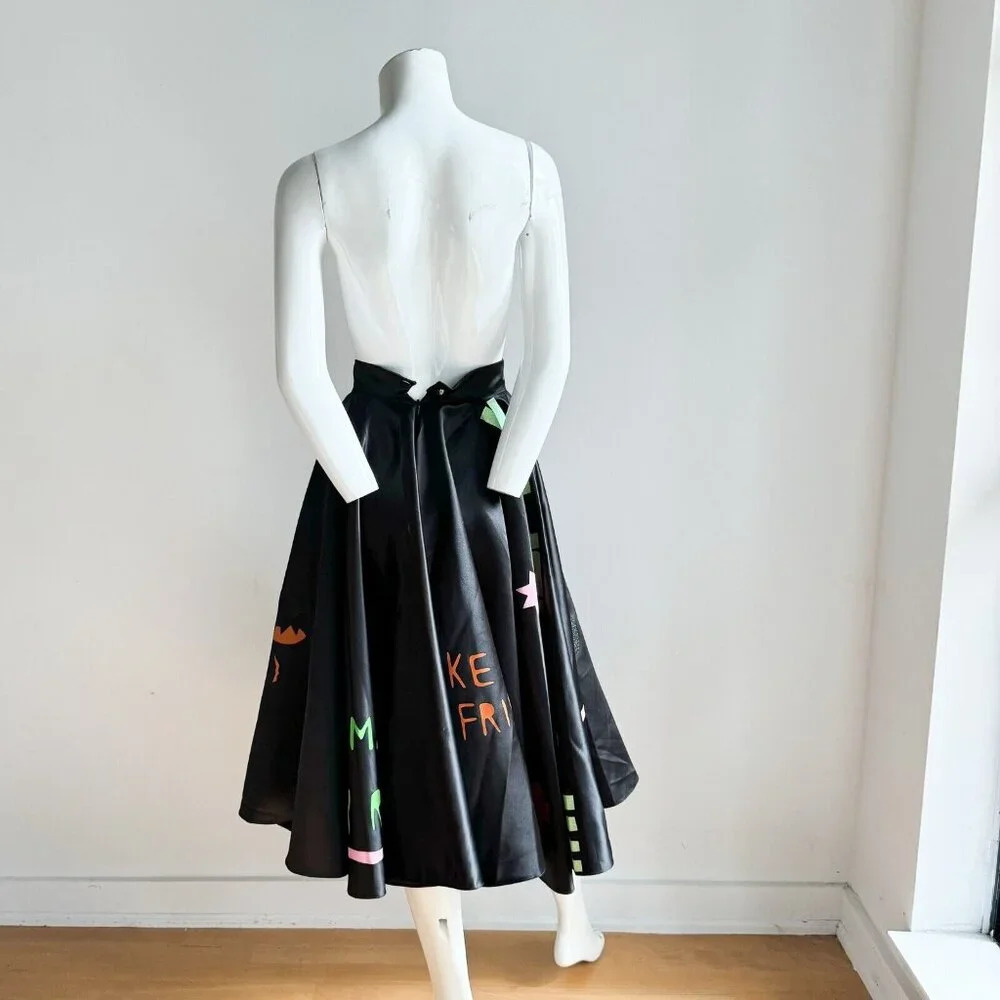 Roberta Einer Black Circle Satin Skirt W Phrases Xs — image 2 of 8